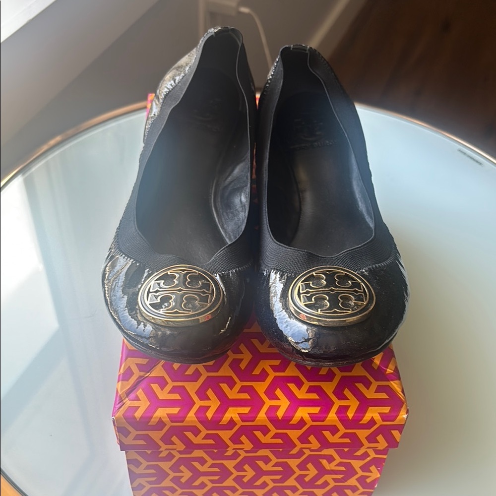 Tory Burch Black Flats with Metallic Embellishment